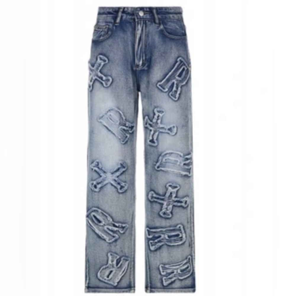 Letter Pattern Distressed Boyfriend Wide Leg Jeans Sz large (31x30)